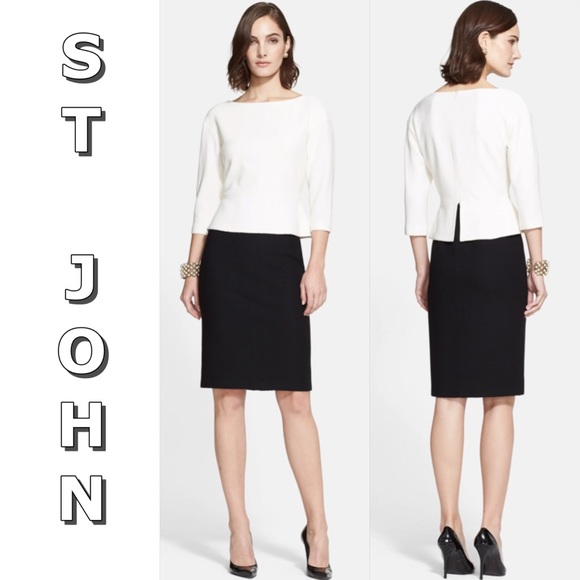 St John Nouveaux Boucle Mock 2pc cream and black peplum dress 12